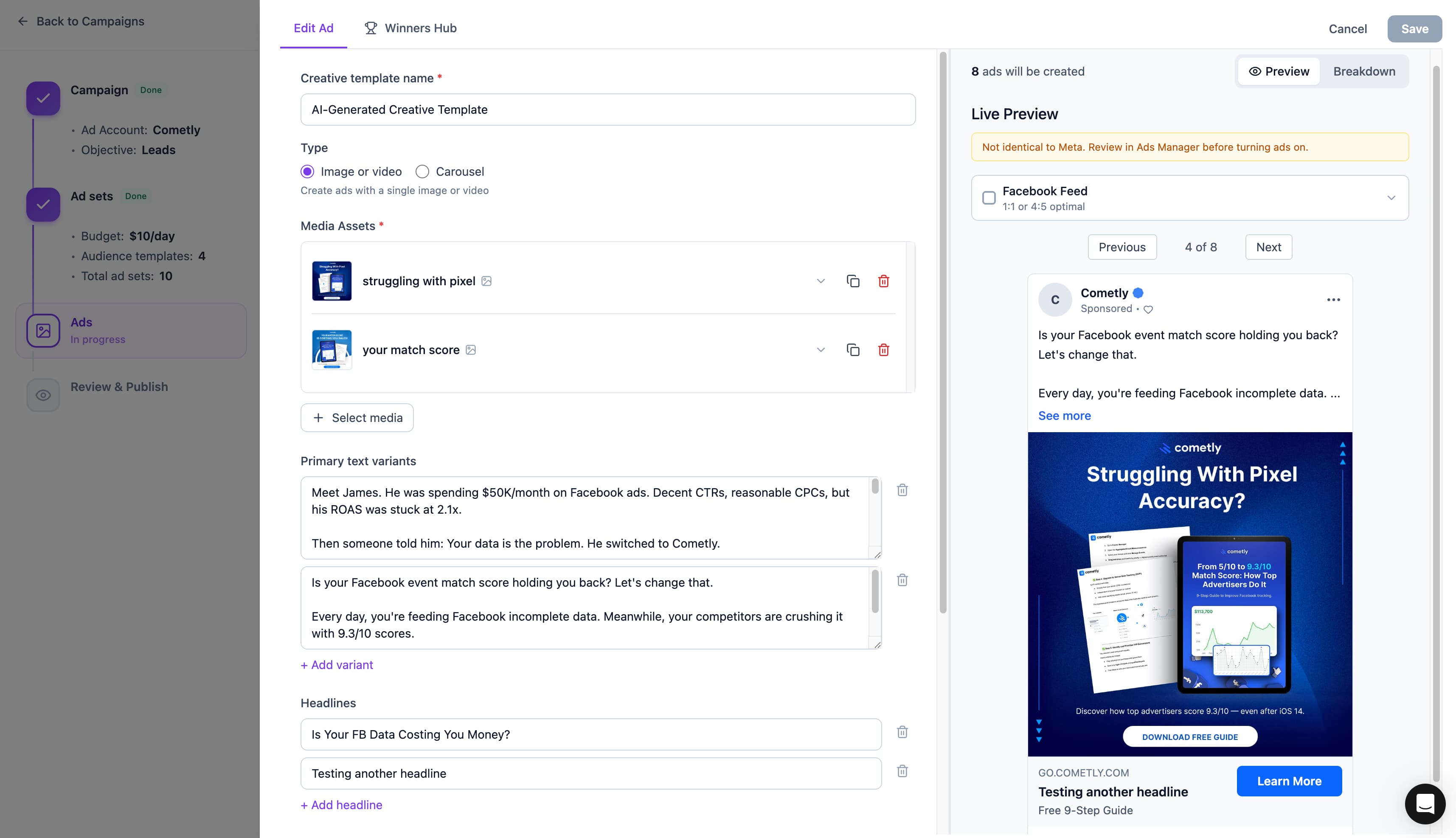 Bulk ad creation in AdStellar - mix multiple creatives, headlines, and copy variations