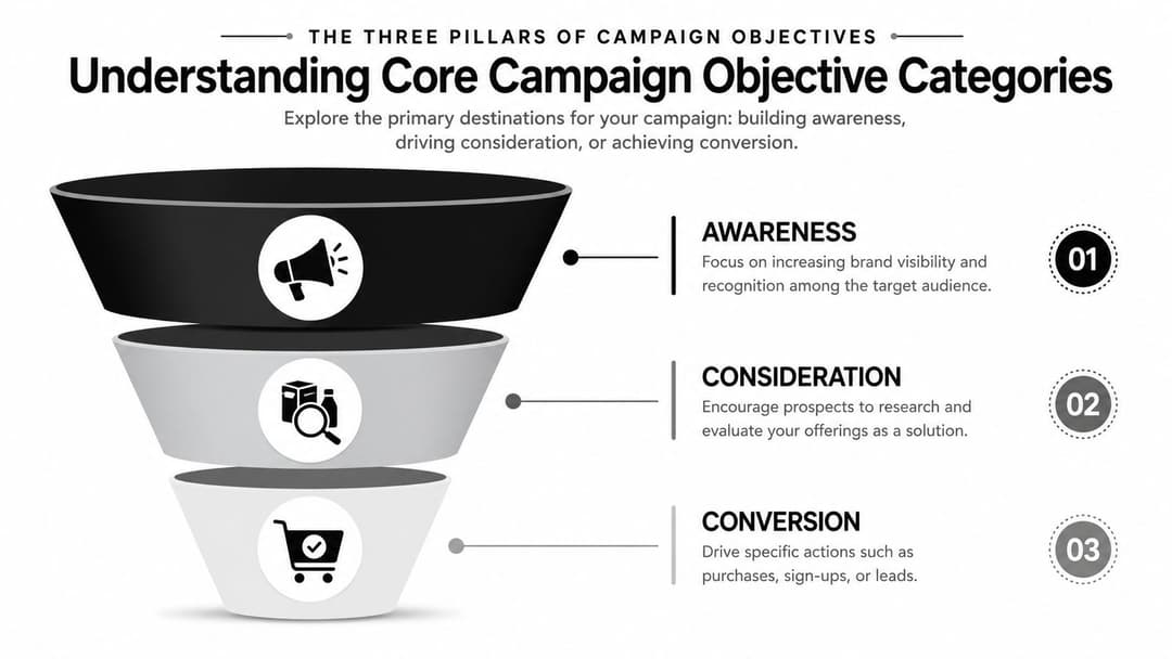 A marketing funnel diagram illustrating the three core pillars of campaign objectives: awareness, consideration, and conversion.