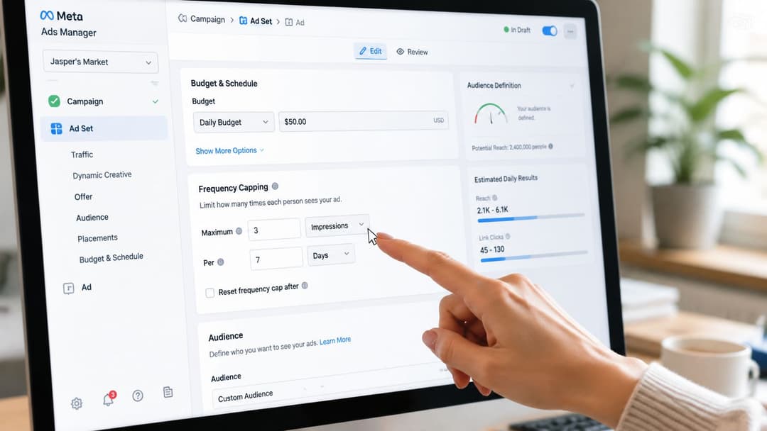 A close-up view of a person setting frequency capping options for a Meta Facebook advertisement campaign.