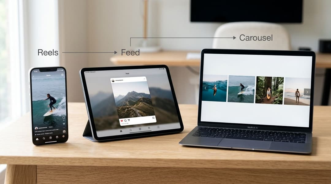 A smartphone, tablet, and laptop displaying different social media content formats including Reels, Feed, and Carousel advertisements.