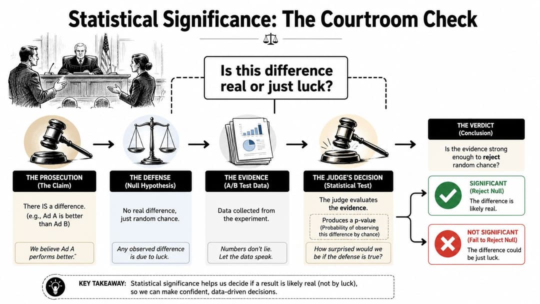 An infographic explaining statistical significance using a courtroom metaphor to determine if data differences are real.