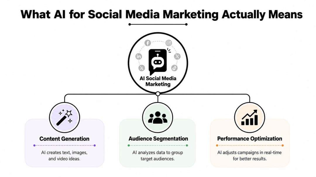 A diagram illustrating three key applications of AI for social media marketing: content generation, audience segmentation, and performance optimization.