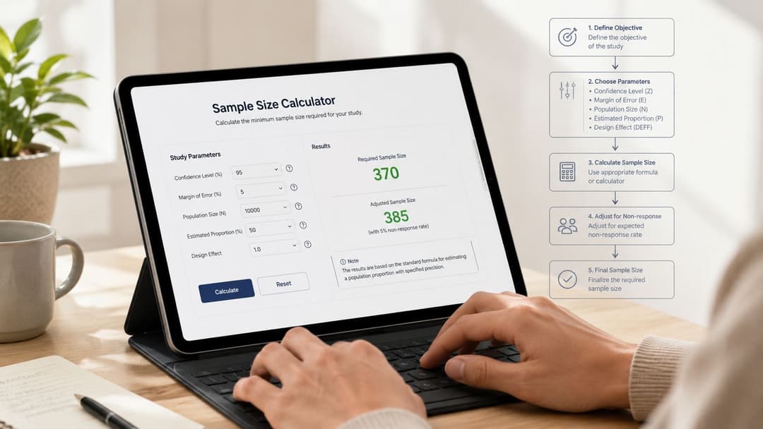 A person typing on a tablet screen displaying an online sample size calculator tool for research.