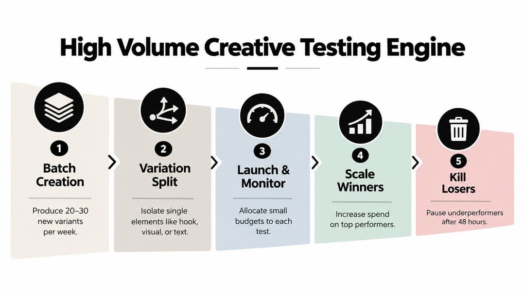 A five-step process diagram illustrating a high volume creative testing engine for digital advertising strategy.