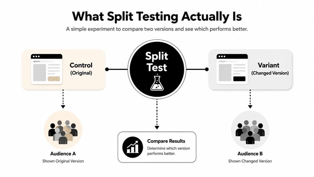 A diagram illustrating split testing, showing traffic divided between an original control version and a changed variant.