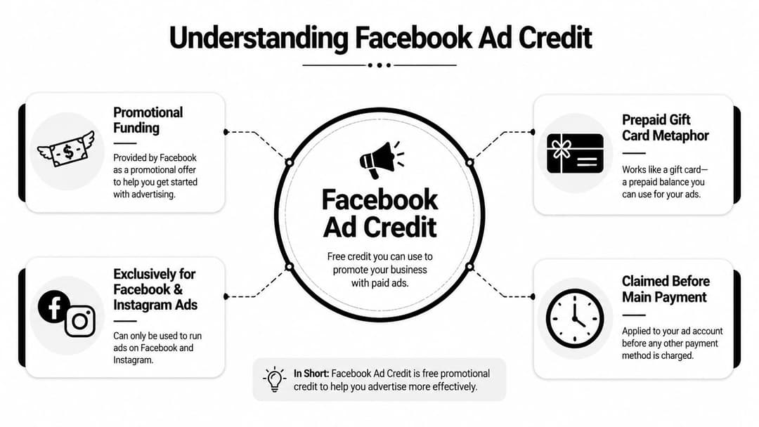 An infographic explaining Facebook Ad Credit, including promotional funding, prepaid gift card metaphors, and usage terms.