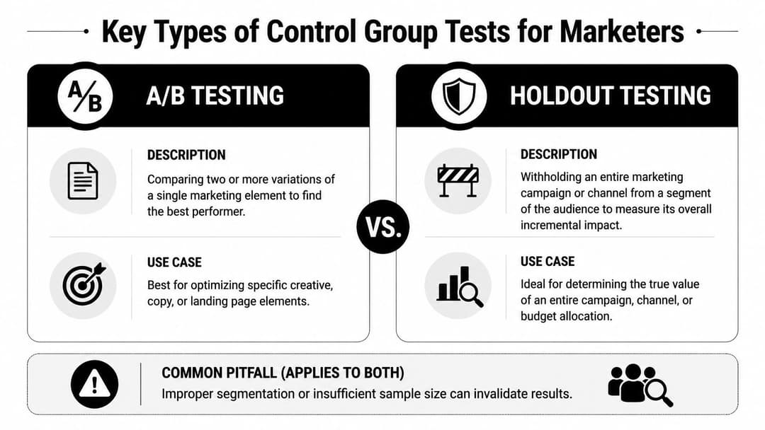 A comparison infographic detailing the differences between A/B testing and holdout testing for digital marketing strategies.