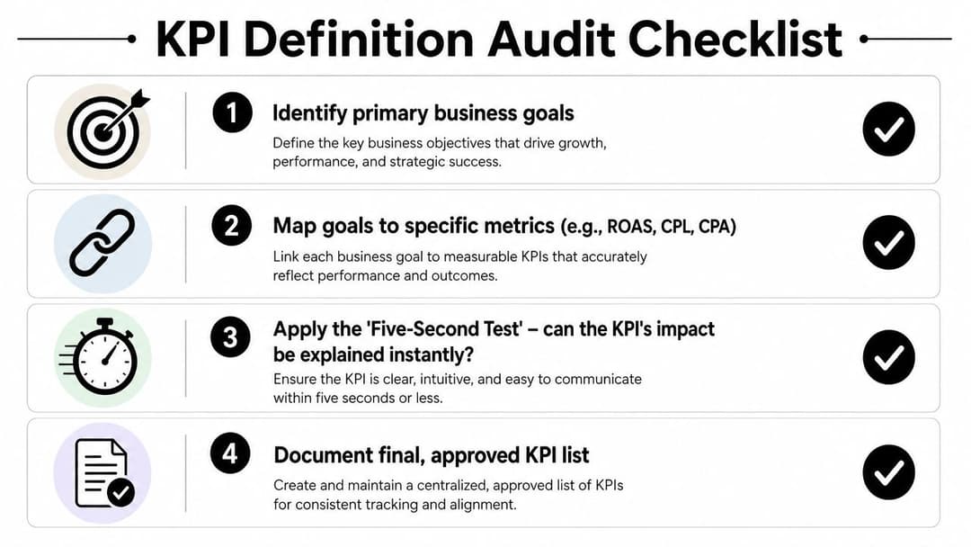 A four-step KPI definition audit checklist illustrated with icons to help businesses track performance and strategic success.