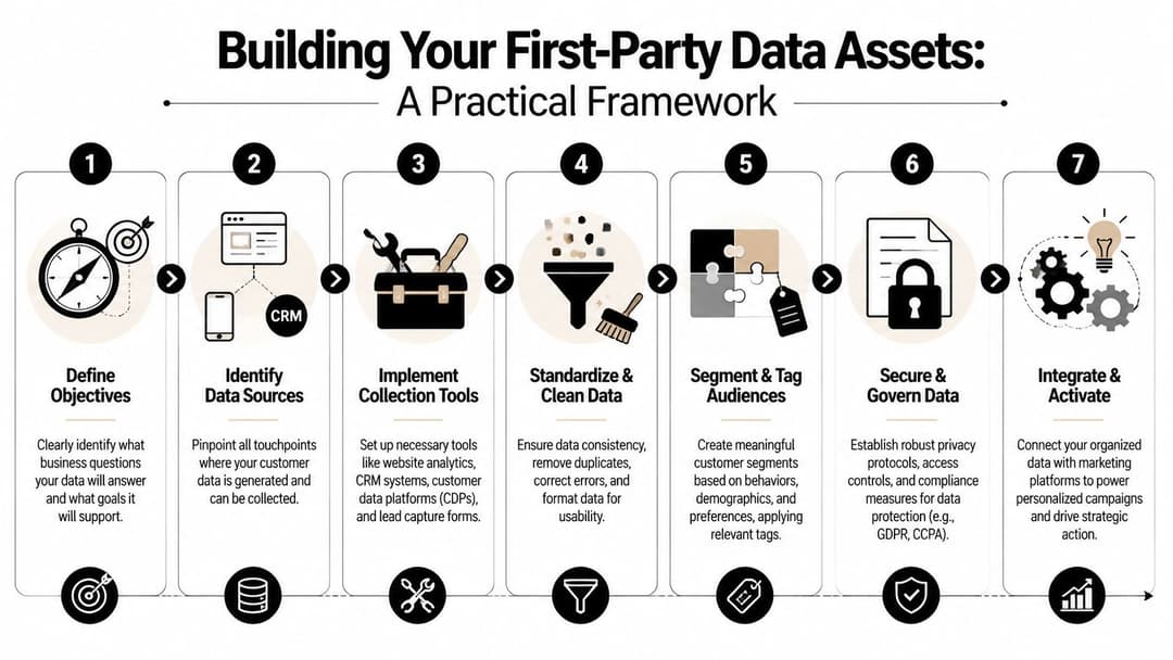 A seven-step framework infographic for building and activating first-party data assets for business marketing strategies.