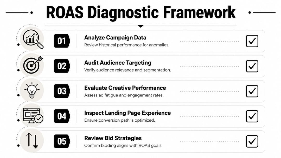 A ROAS diagnostic framework infographic outlining five essential steps to improve digital advertising return on spend.