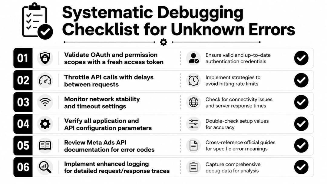 A six-step infographic titled Systematic Debugging Checklist for Unknown Errors, detailing best practices for software troubleshooting.