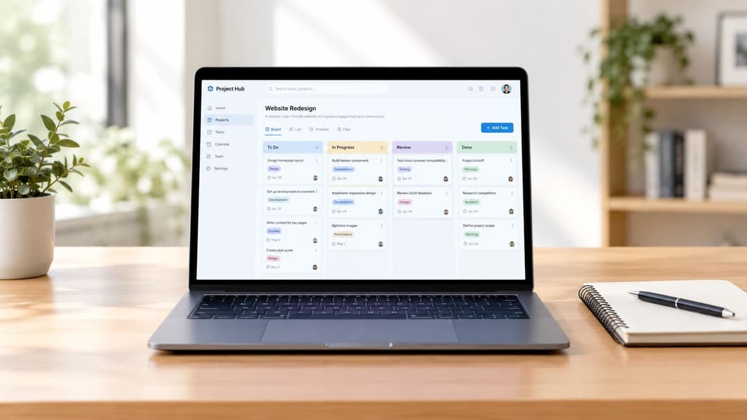 A modern laptop displaying a project management dashboard on a wooden desk with a notebook and pen.