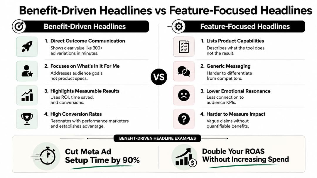 A comparison chart showing the differences between benefit-driven headlines and feature-focused headlines in digital marketing.