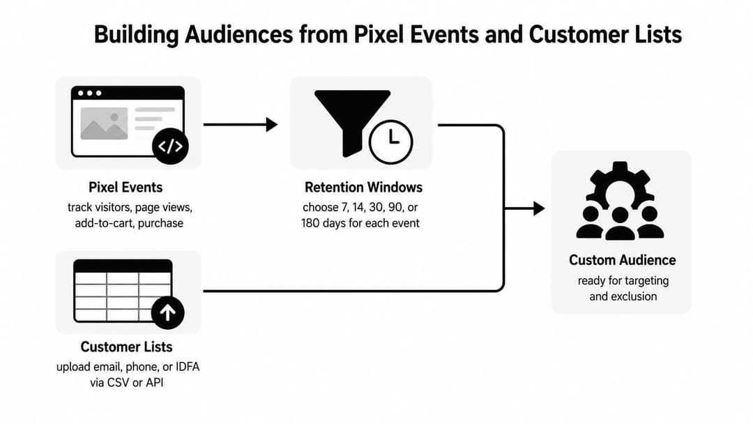 A diagram illustrating the process of building custom audiences using pixel events and customer list data inputs.