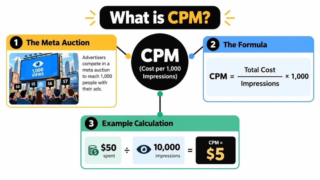 An infographic explaining how to calculate CPM in Facebook ads using a simple formula and example.