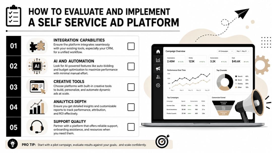 A guide on how to evaluate and implement a self-service ad platform featuring an analytics dashboard.