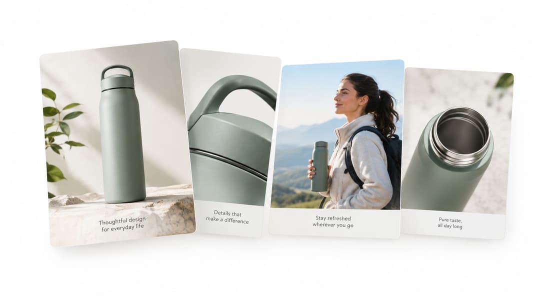 A four-panel graphic displaying a sage green water bottle in various settings, highlighting its design and portability.