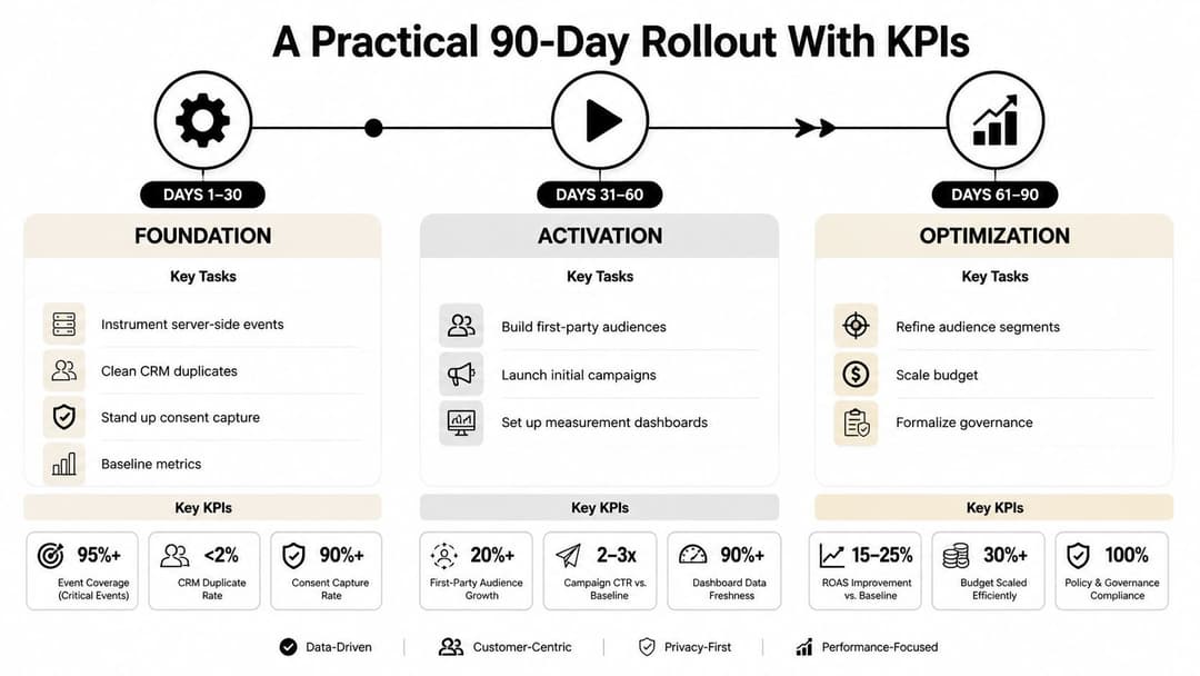 A 90-day business rollout plan outlining key tasks and performance KPIs for foundation, activation, and optimization phases.