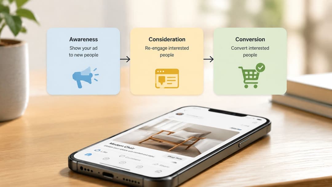A digital marketing funnel showing awareness, consideration, and conversion stages illustrated above a smartphone displaying social media.