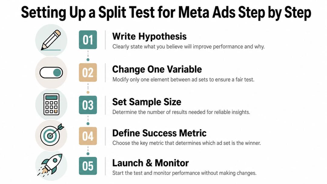 A five-step infographic showing the process for setting up a split test for Meta advertising campaigns.