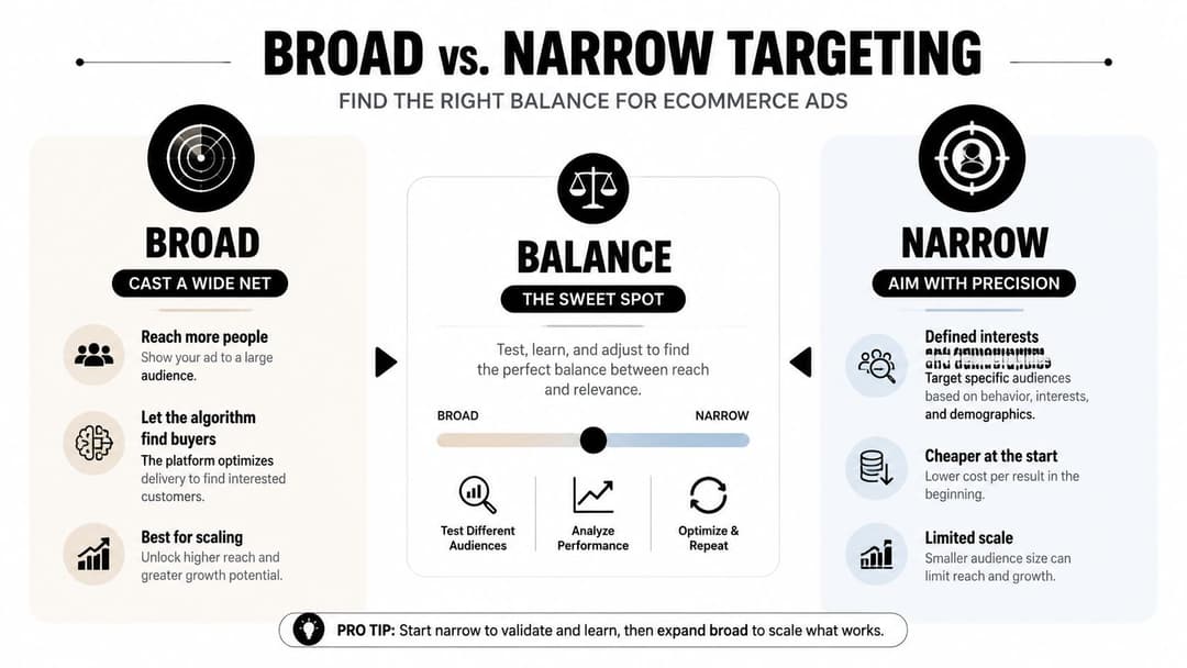 An infographic comparing broad and narrow targeting strategies for optimizing ecommerce advertising campaigns effectively.