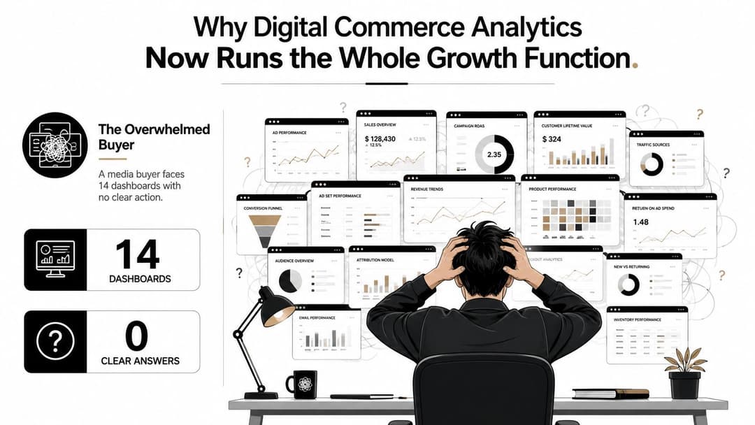 A person sits overwhelmed in front of a computer screen cluttered with numerous digital commerce analytics dashboards.