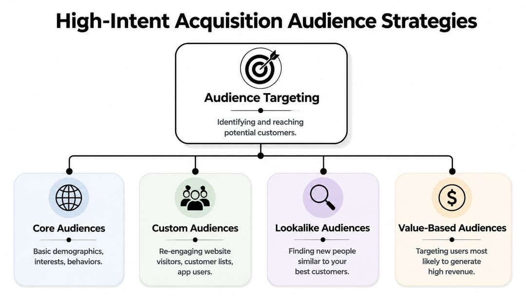 A diagram outlining four high-intent audience targeting strategies for effective digital advertising and customer acquisition.