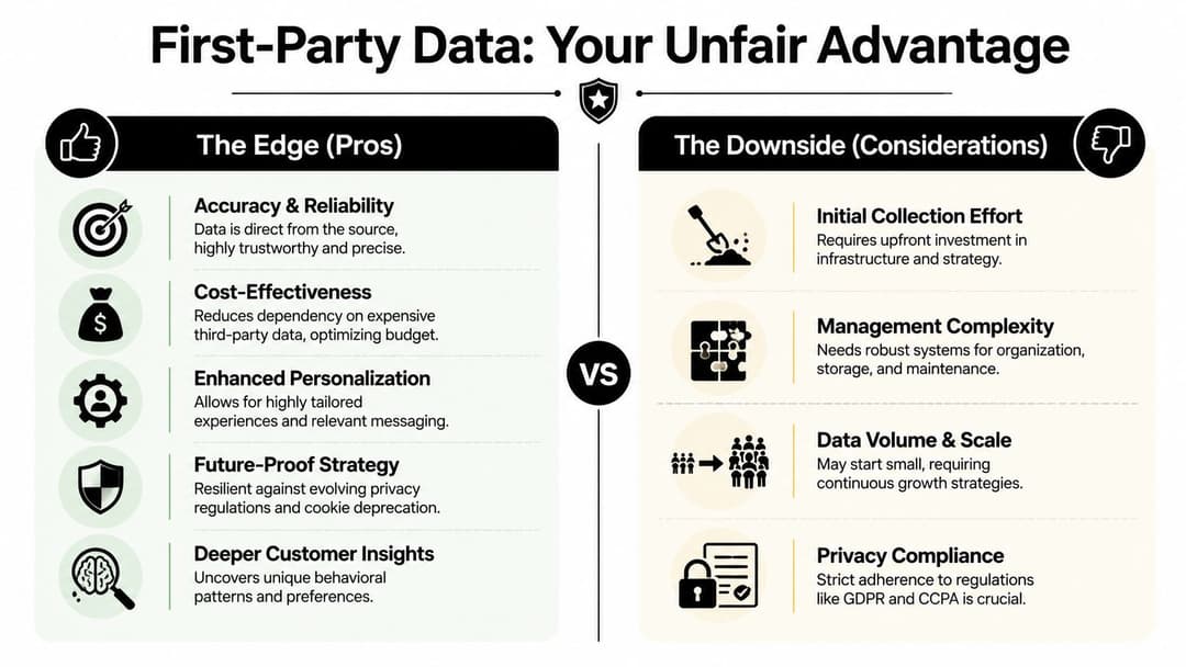 A comparison chart outlining the pros and cons of utilizing first-party data for business strategy.