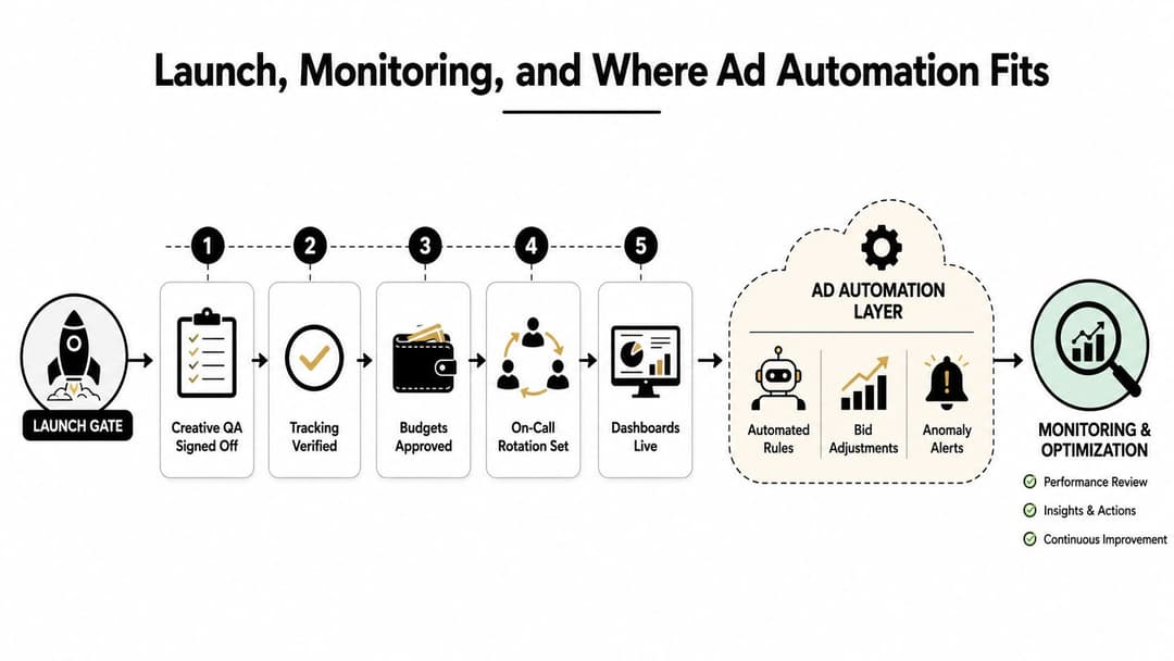 A diagram illustrating the sequential launch and monitoring process for ad campaigns with an automation layer.