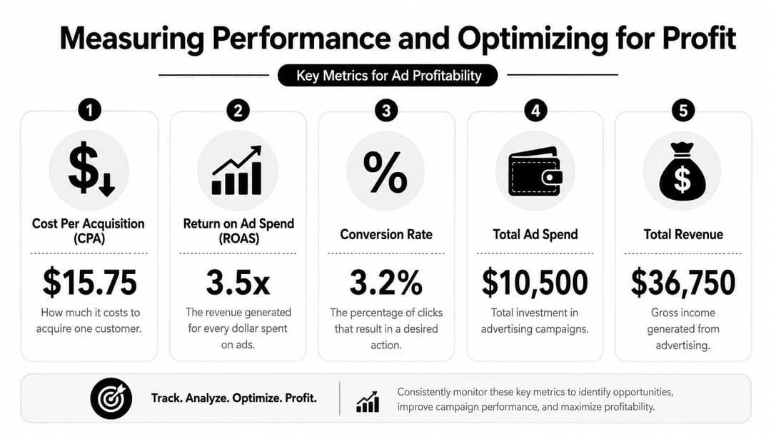 An infographic titled Measuring Performance and Optimizing for Profit displaying five key metrics for digital ad campaigns.