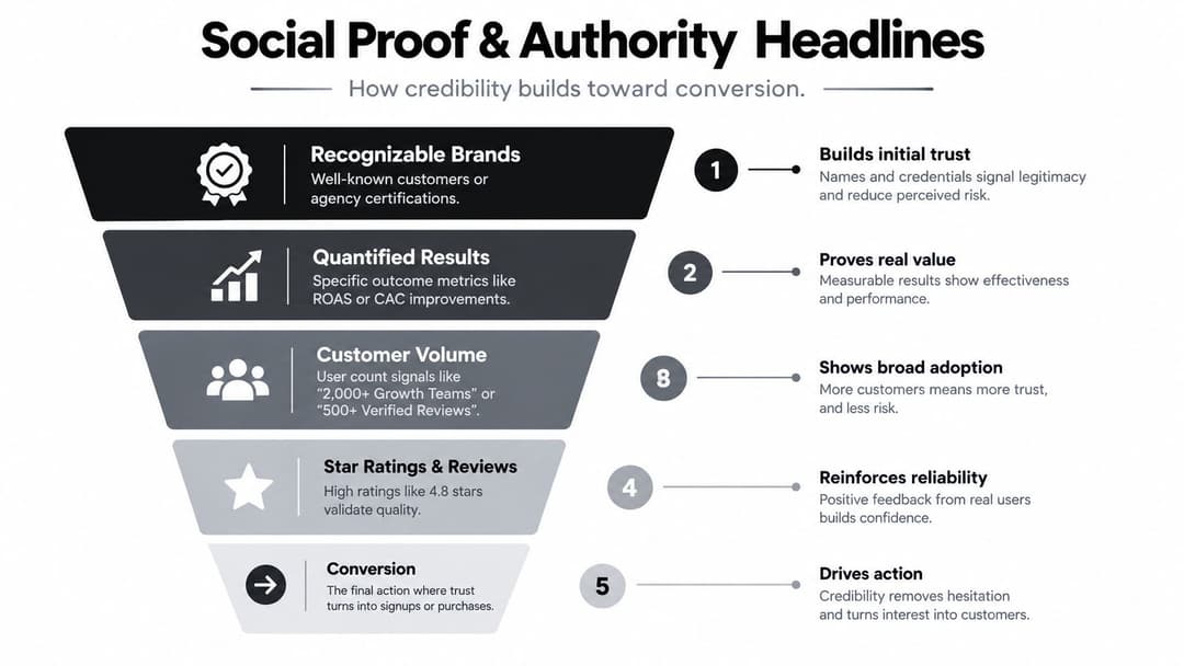 A funnel diagram illustrating how social proof and authority headlines build credibility to drive customer conversions.