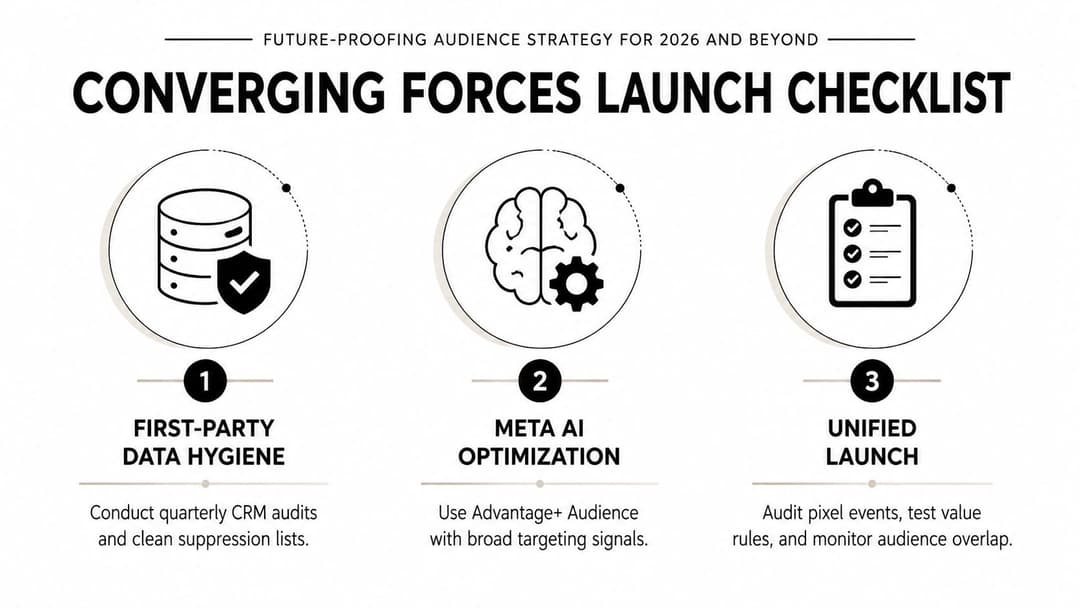 A checklist infographic titled Converging Forces for audience strategy, outlining three steps for data hygiene and optimization.