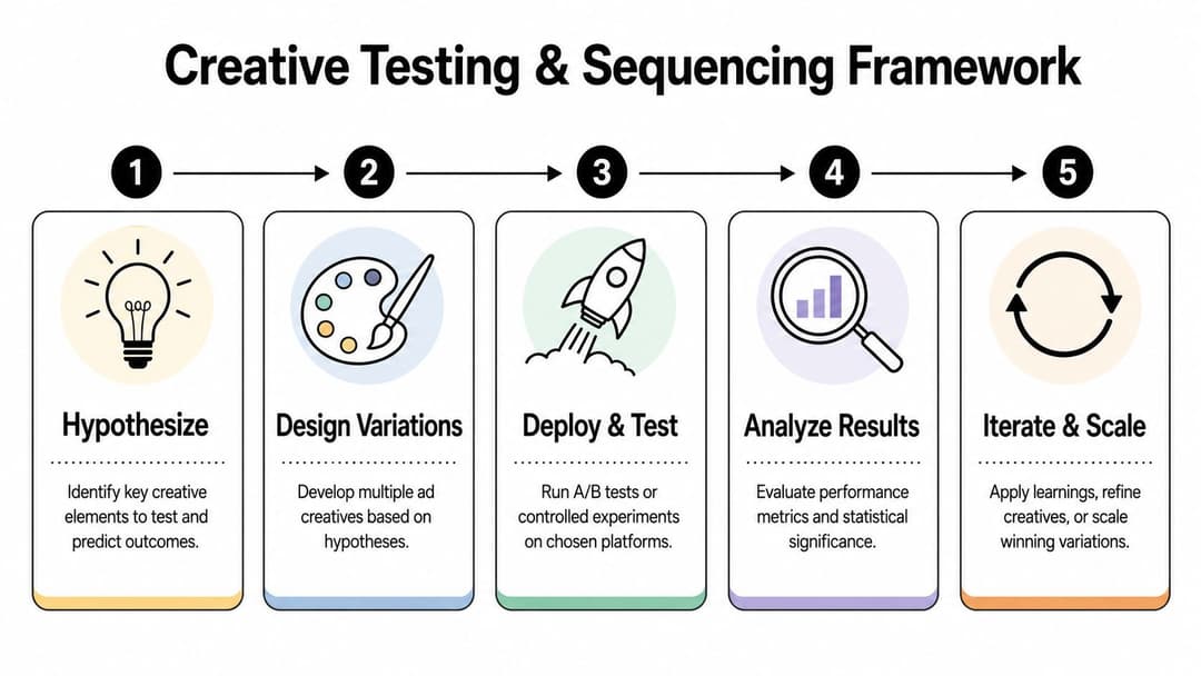 A five-step framework infographic for creative testing and sequencing in advertising and marketing campaigns.