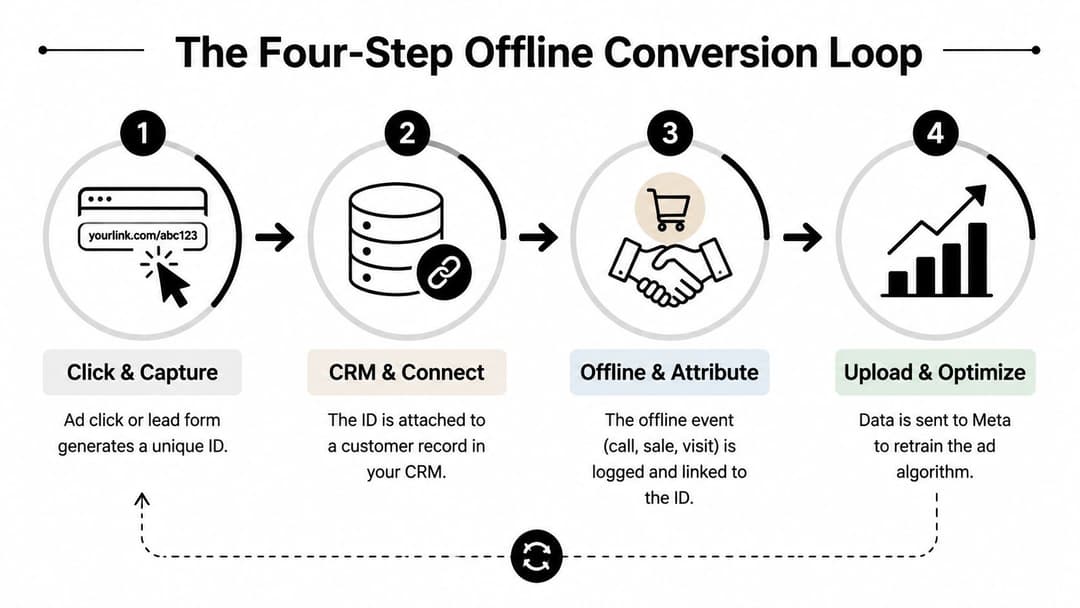 A diagram illustrating the four-step offline conversion loop process for digital advertising and lead tracking.