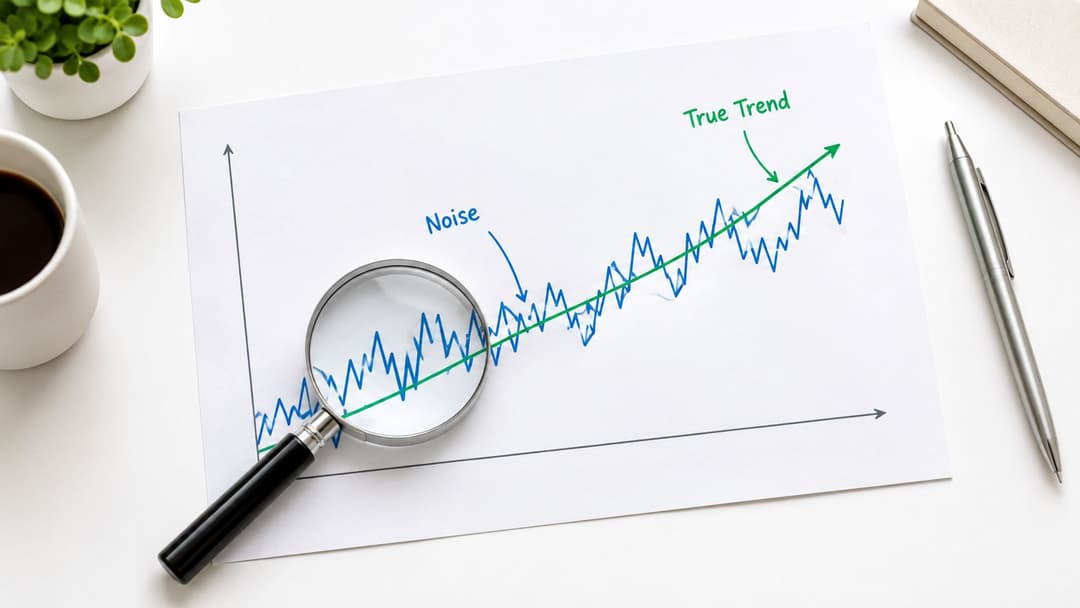 A magnifying glass focusing on a blue jagged line representing data noise over a green trend line.