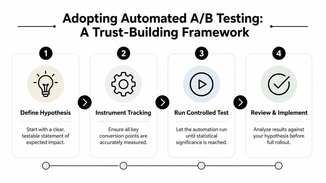 A four-step framework for adopting automated A/B testing, featuring icons for hypothesis, tracking, testing, and implementation.