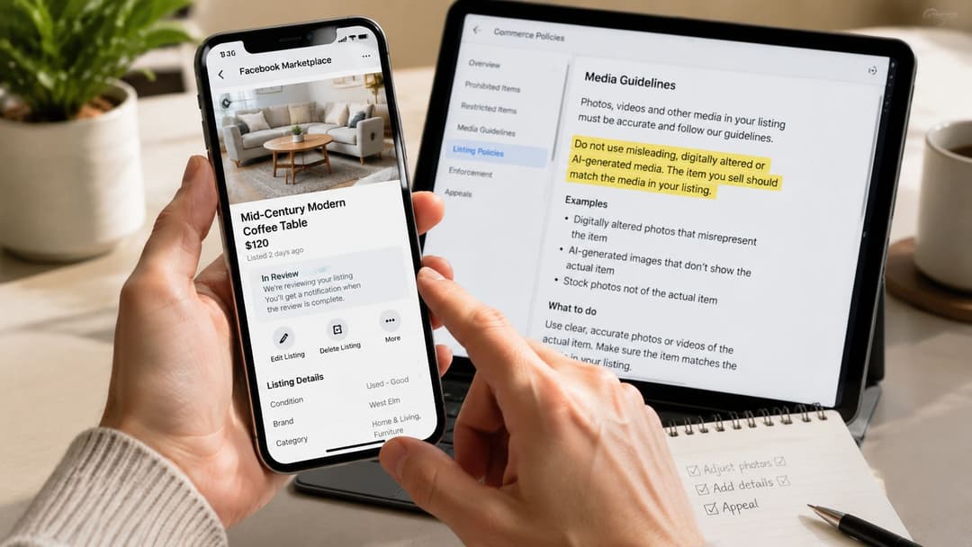 A person holding a smartphone showing a Facebook Marketplace listing currently under review near a tablet.