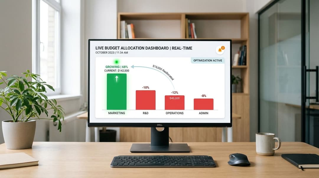 A desktop computer displaying a live budget allocation dashboard showing marketing growth and business data.