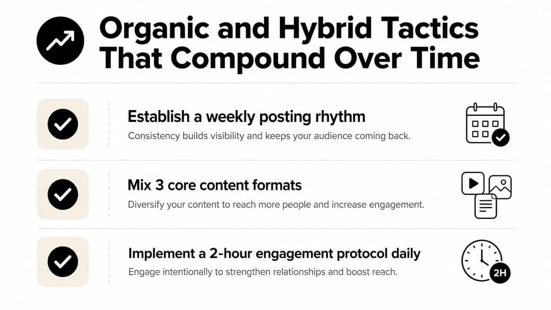 A list of three organic marketing tactics to help build long-term audience growth and engagement.