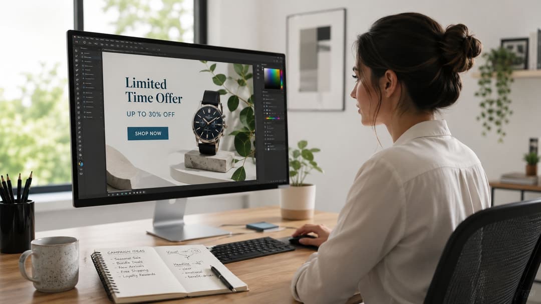 A professional designer creating facebook ads for customer acquisition on a computer screen in a bright office.