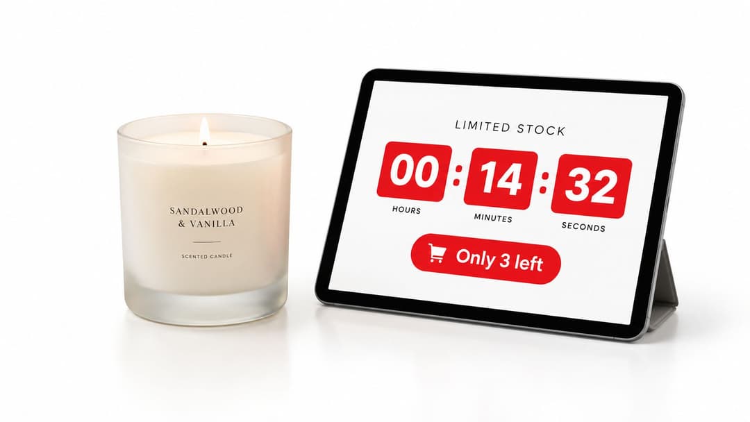 A lit sandalwood and vanilla scented candle next to a tablet displaying a countdown timer and low stock alert.