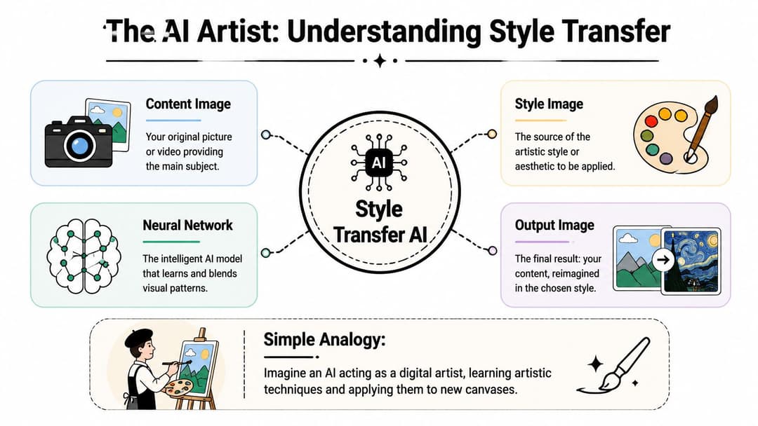 A diagram explaining AI style transfer, showing the process involving a content image, style, and neural network.