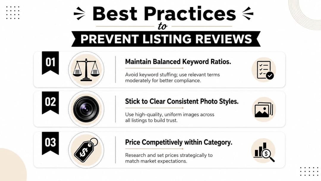 A graphic showing three best practices to help prevent negative listing reviews on digital platforms.