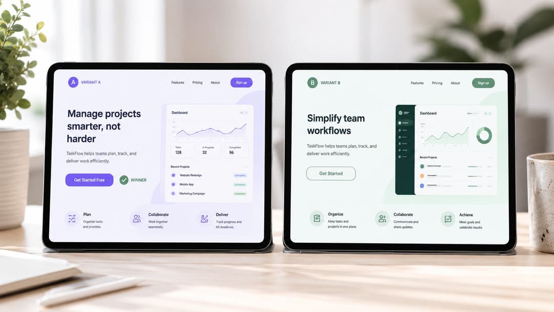 Two tablets displayed side-by-side on a wooden desk, each showing a different landing page design for task management software.