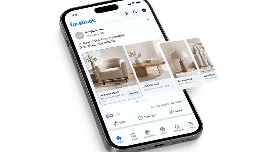 A smartphone screen displaying a Facebook carousel advertisement for Nordic Home furniture and decor products.