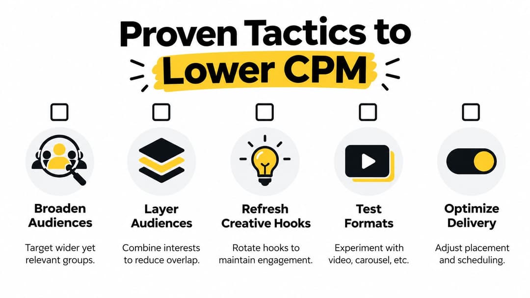 An infographic titled Proven Tactics to Lower CPM showing five strategies for optimizing advertising campaign costs.