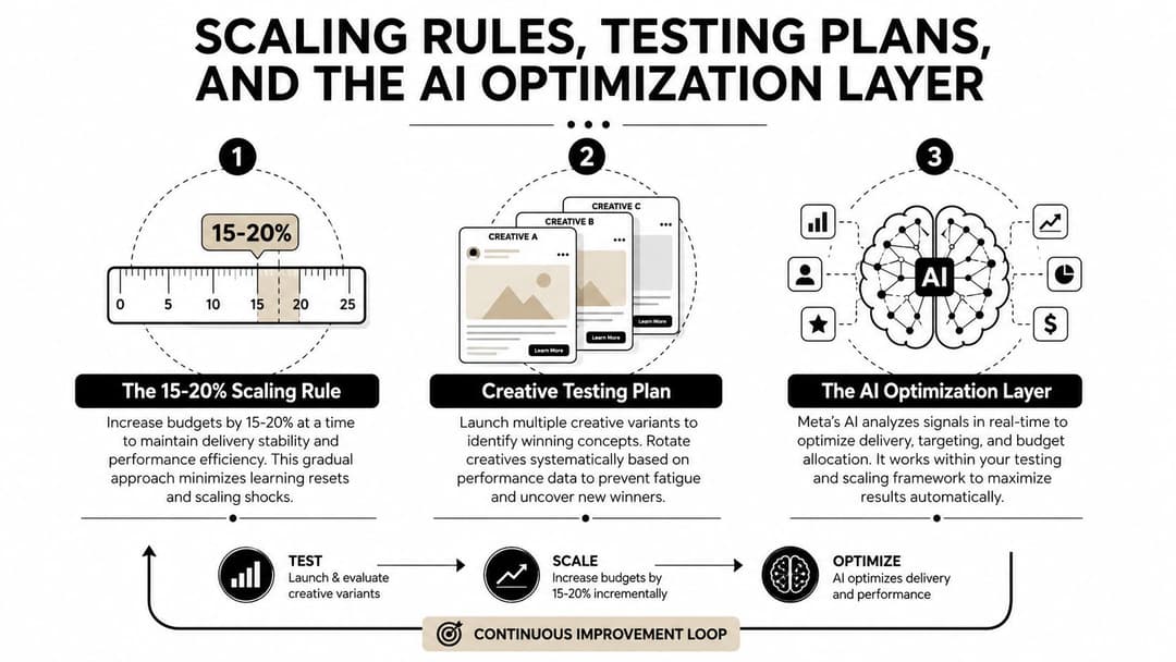 A diagram illustrating the continuous improvement loop for Facebook ad budgets through scaling, testing, and AI optimization.