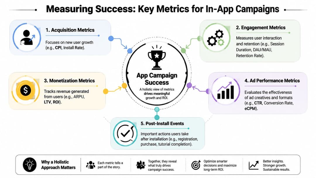 An infographic titled Measuring Success showing five key metrics for optimizing in-app advertising campaign performance and growth.