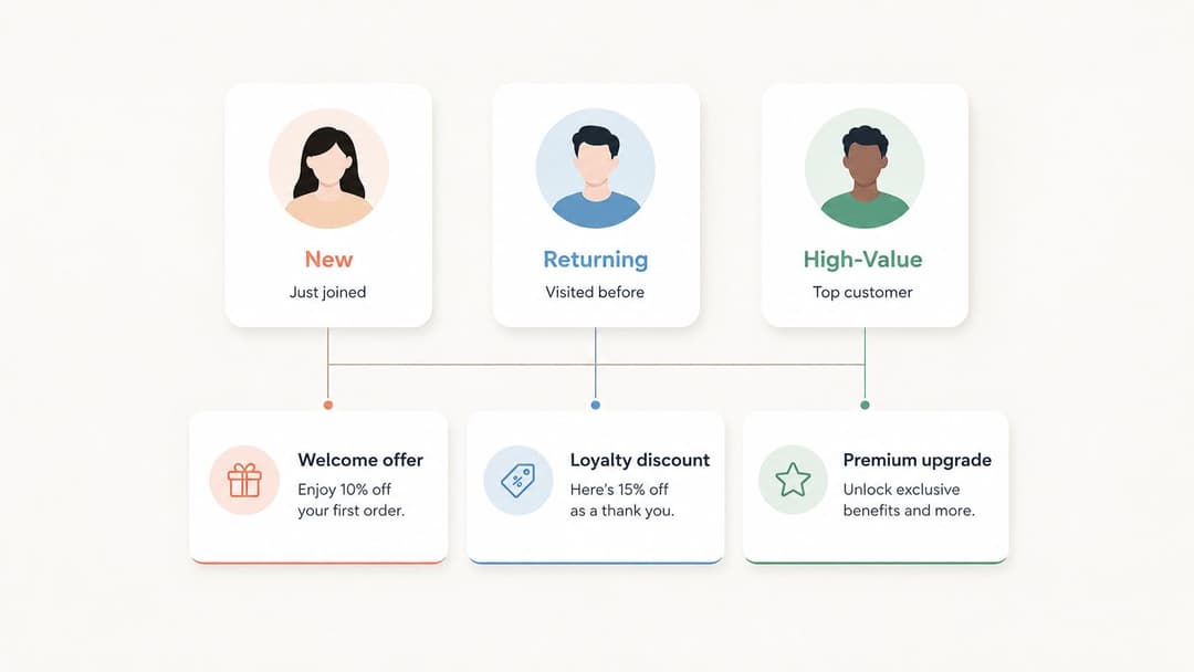 A diagram categorizing customer segments into new, returning, and high-value tiers with corresponding promotional offers for each.