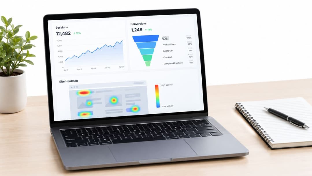 A modern laptop on a wooden desk displaying a digital dashboard with analytics, conversion funnels, and heatmaps.